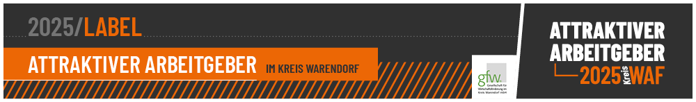 Grafik mit dunklem Hintergrund und orangen Akzenten. Oben steht in großen Buchstaben: '2025 Attraktiver Arbeitgeber im Kreis Warendorf' mit dem Hashtag #kreisverdächtig. Darunter ein breiter orangefarbener Balken mit dem Wort 'LABEL' in Weiß. Rechts im Balken ein kleines Logo 'Attraktiver Arbeitgeber 2025 Kreis WAF'. Unten sind die Logos von Kreis Warendorf und gfw Gesellschaft für Wirtschaftsförderung im Kreis Warendorf mbH.