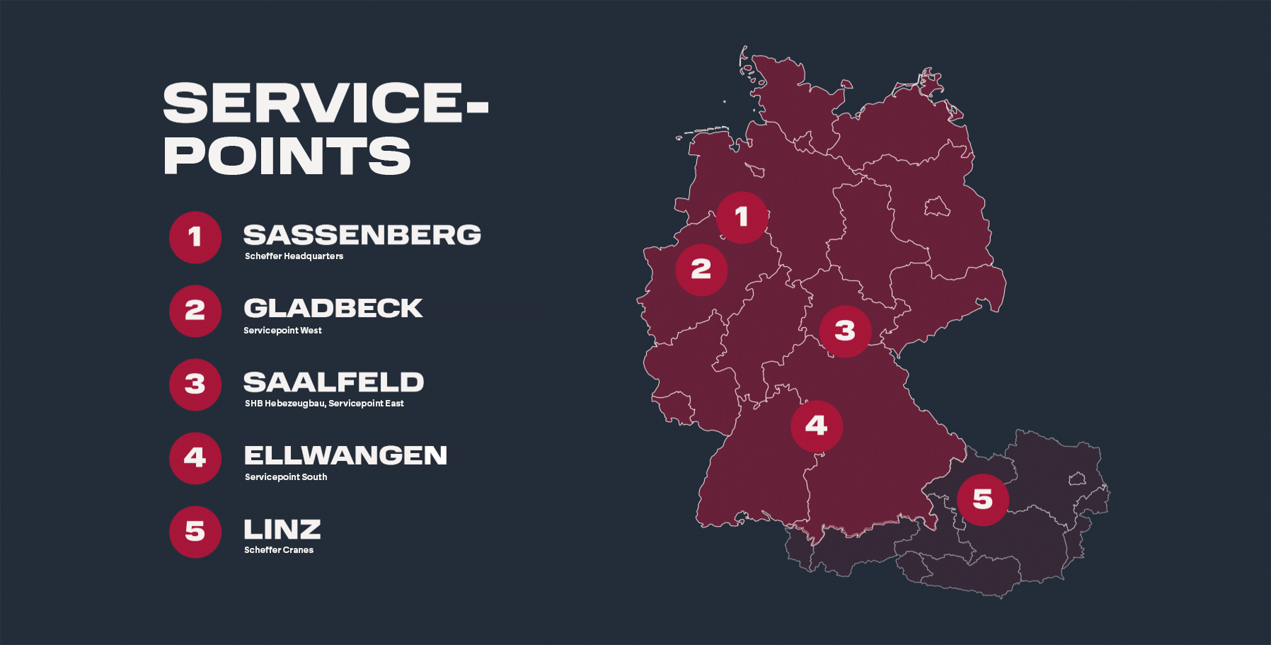 A map of Germany and Austria, on which the 5 service locations are marked