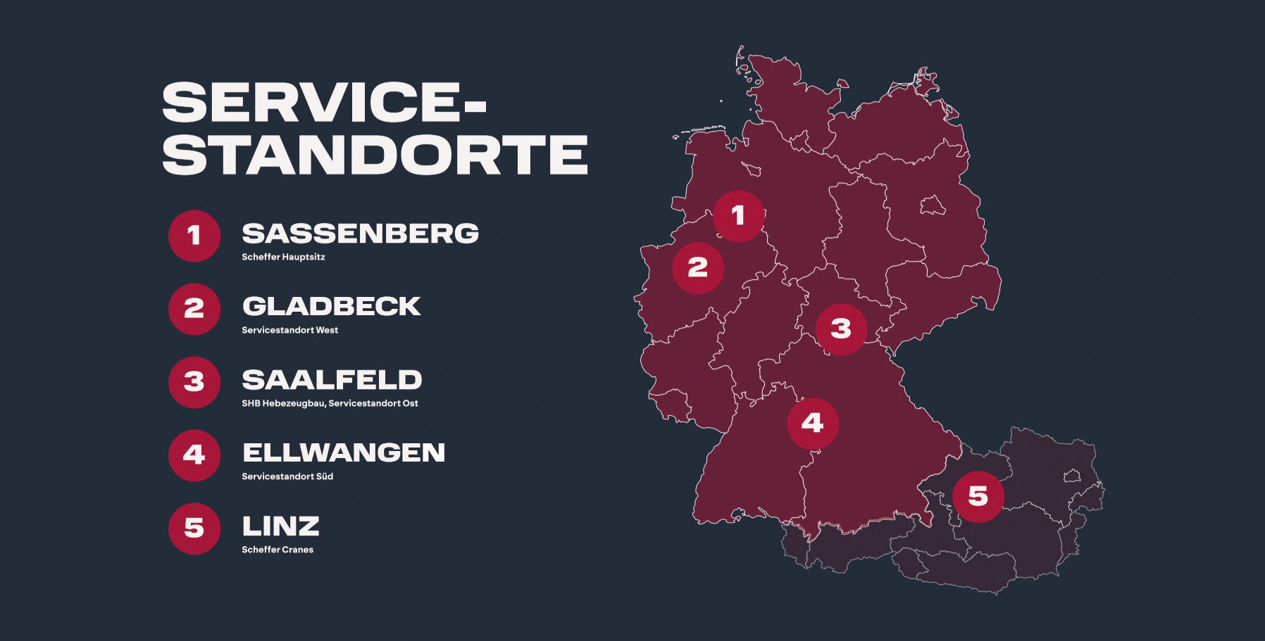 Eine Karte von Deutschland und Österreich, auf der die 5 Servicestandorte gekennzeichnet sind